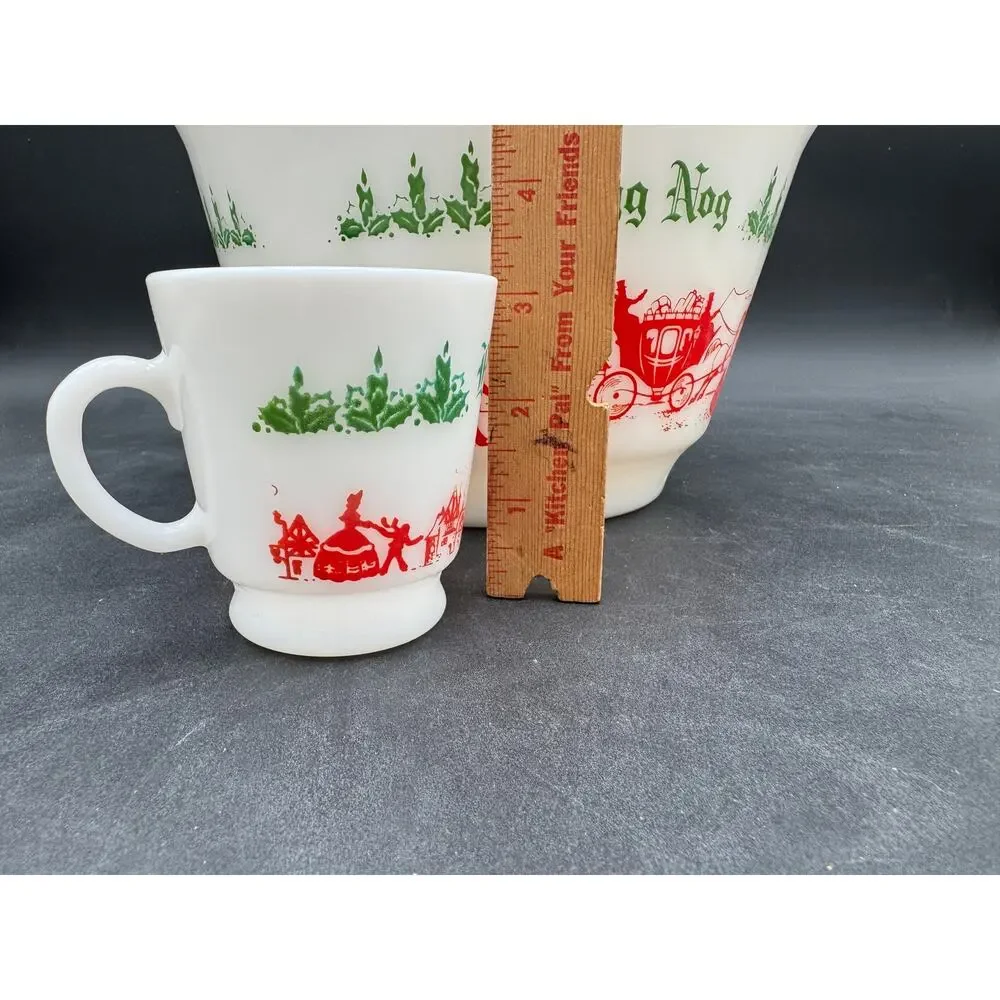 Vintage Milk Glass Tom & Jerry Egg Nog Punch Bowl and Cups Hazel Atlas 7 Pieces